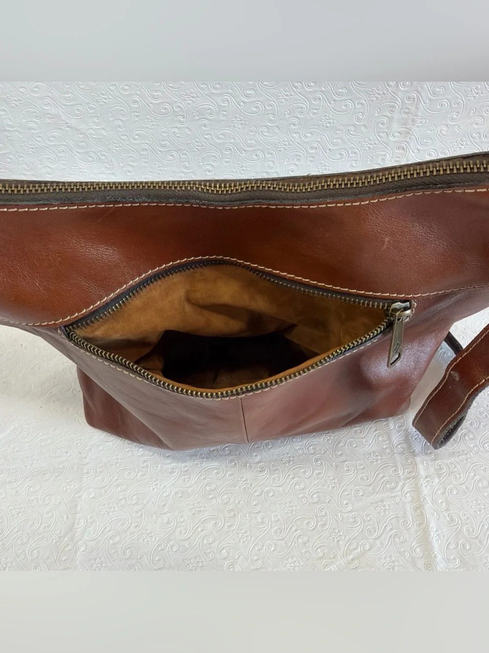 Patricia Nash Bag Brown Italian Leather Purse Zip Top Tote Hobo Crossbody Large